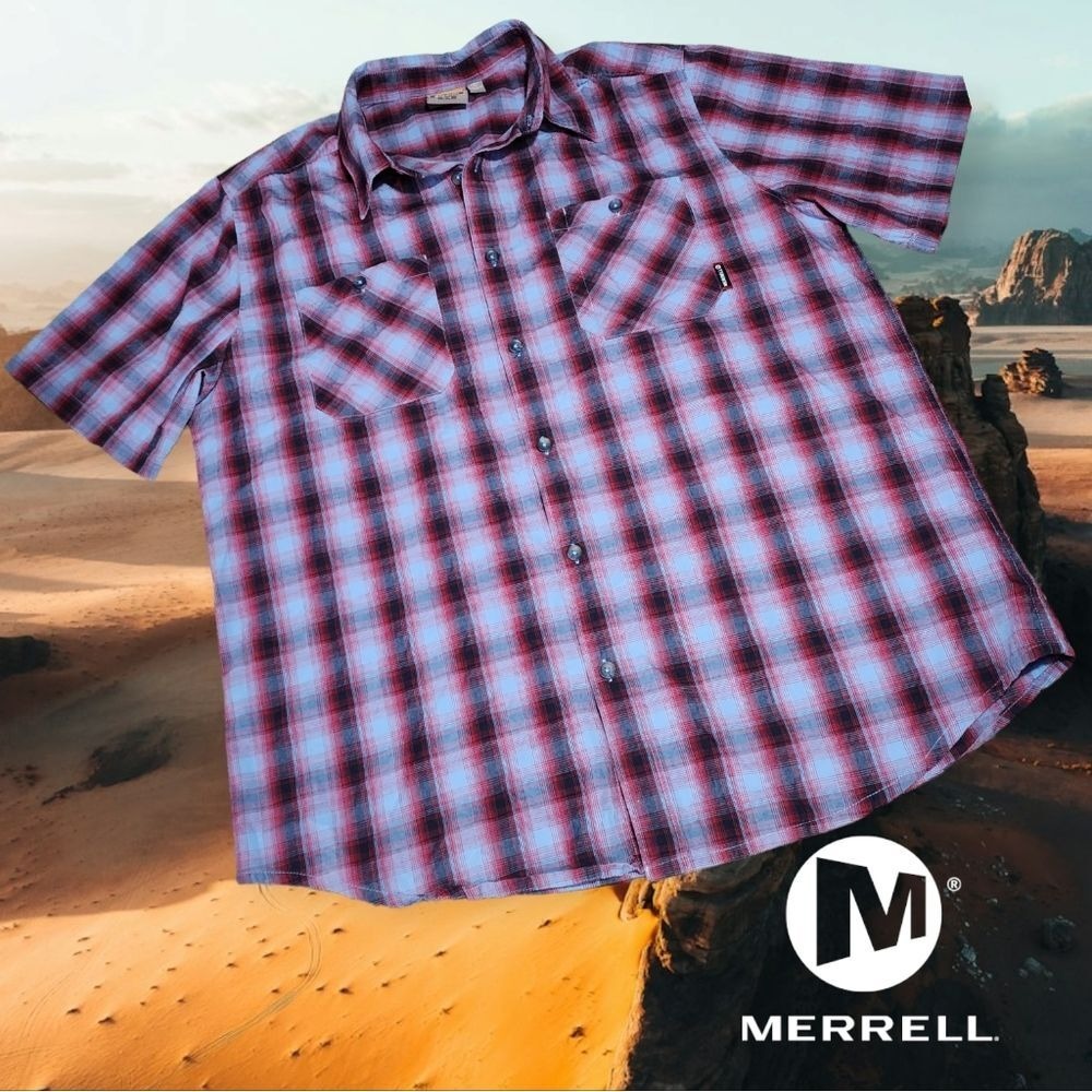 Merrell Button Down Shirt Mens Opti-Wick UPF 20+ Short Sleeve Red Blue Plaid XL